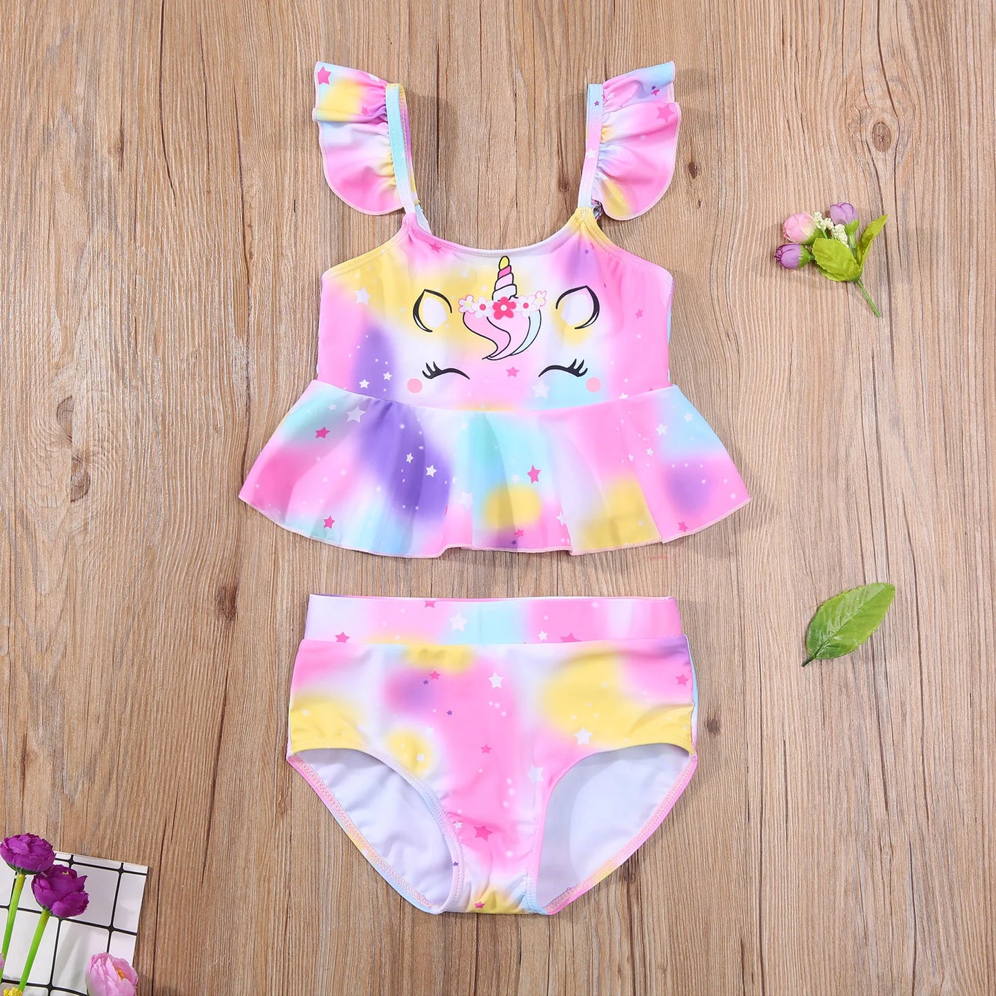 Girls Rainbow Unicorn Ruffle 2 piece swimsuit