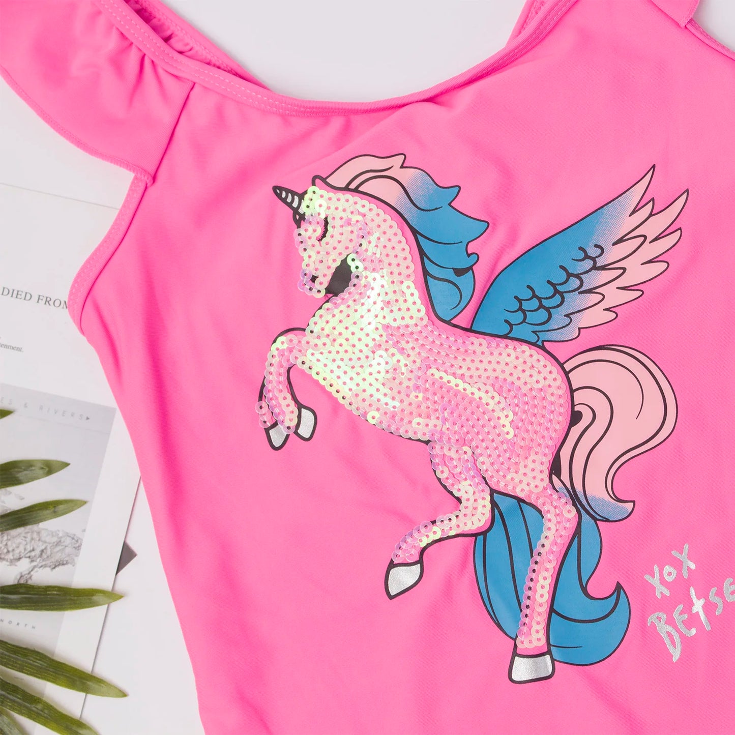 Girls Unicorn Sequin One Piece Swimsuit with Flutter Lace
