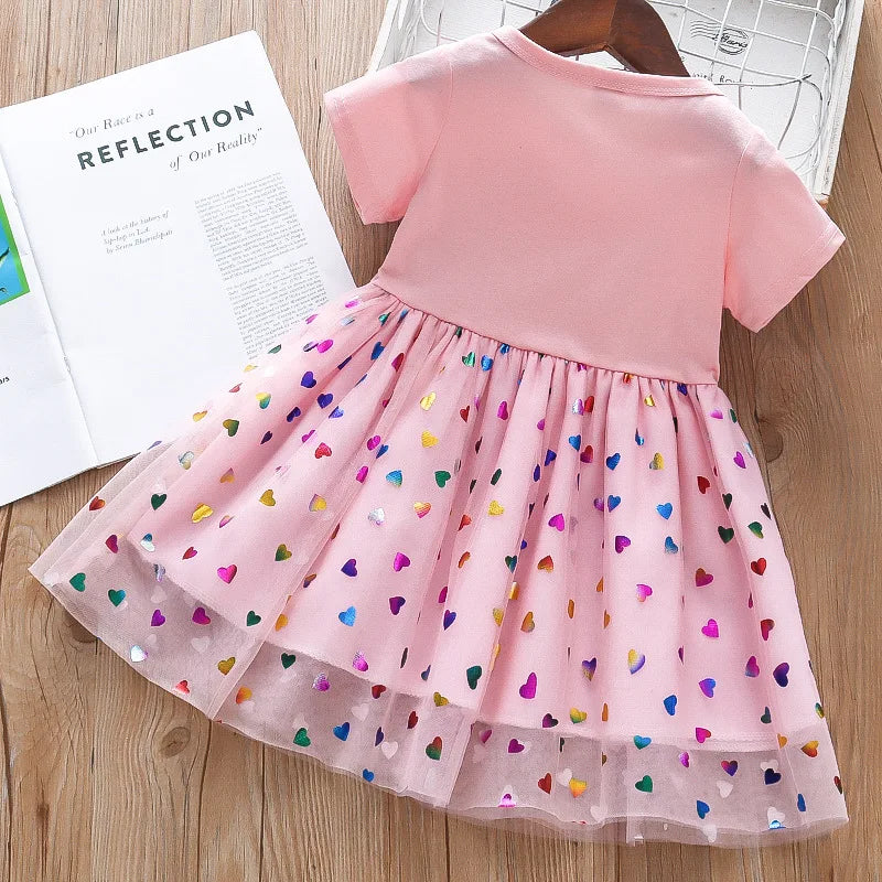 Navy and Pink Short Sleeve Unicorn Dress with Heart Tulle