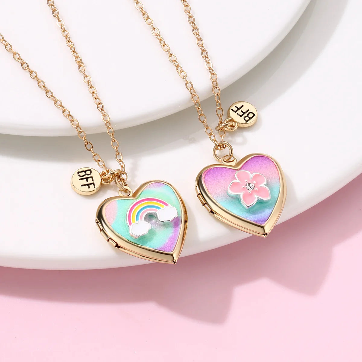 2pc Rainbow and Flower Heart Locket Necklace set