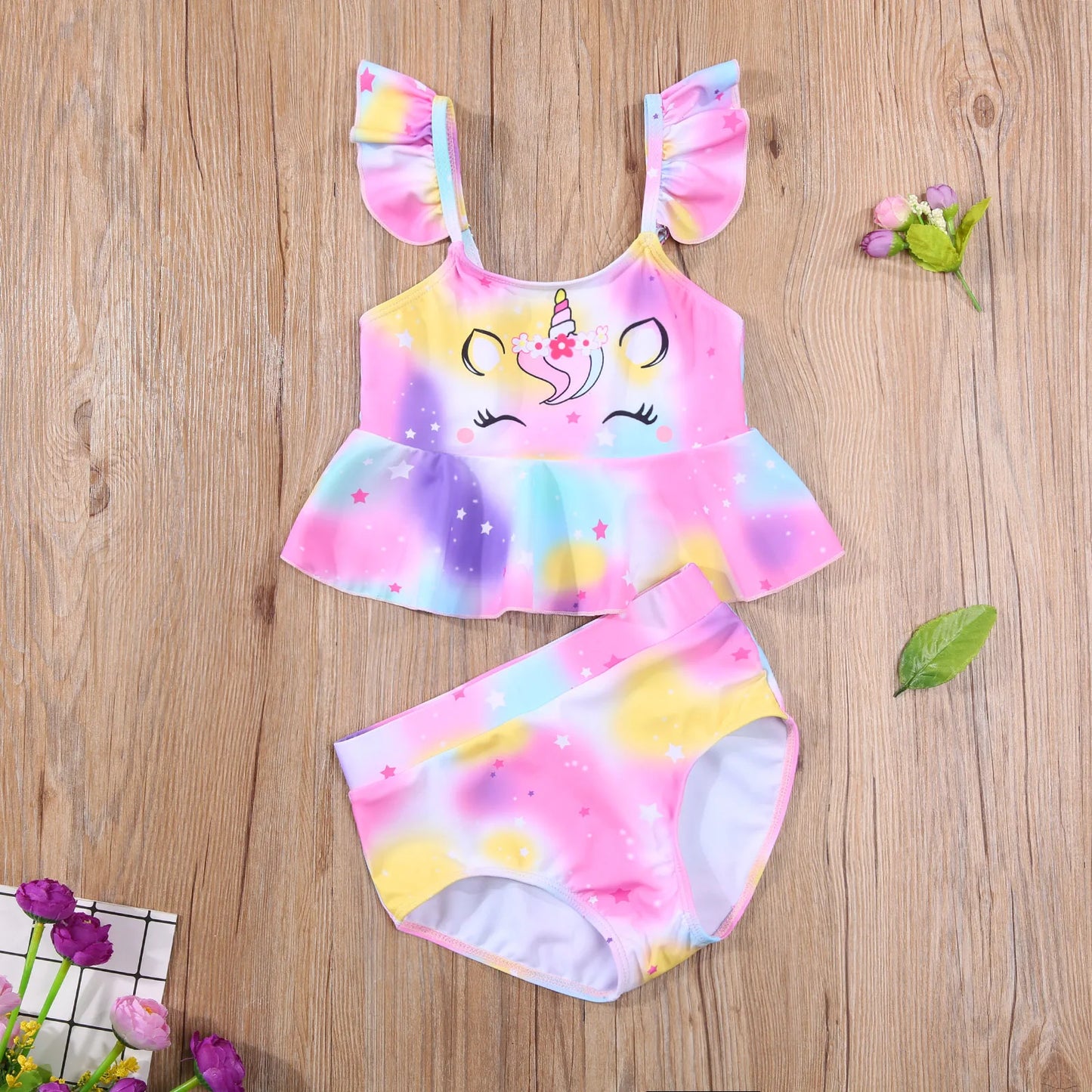 Girls Rainbow Unicorn Ruffle 2 piece swimsuit