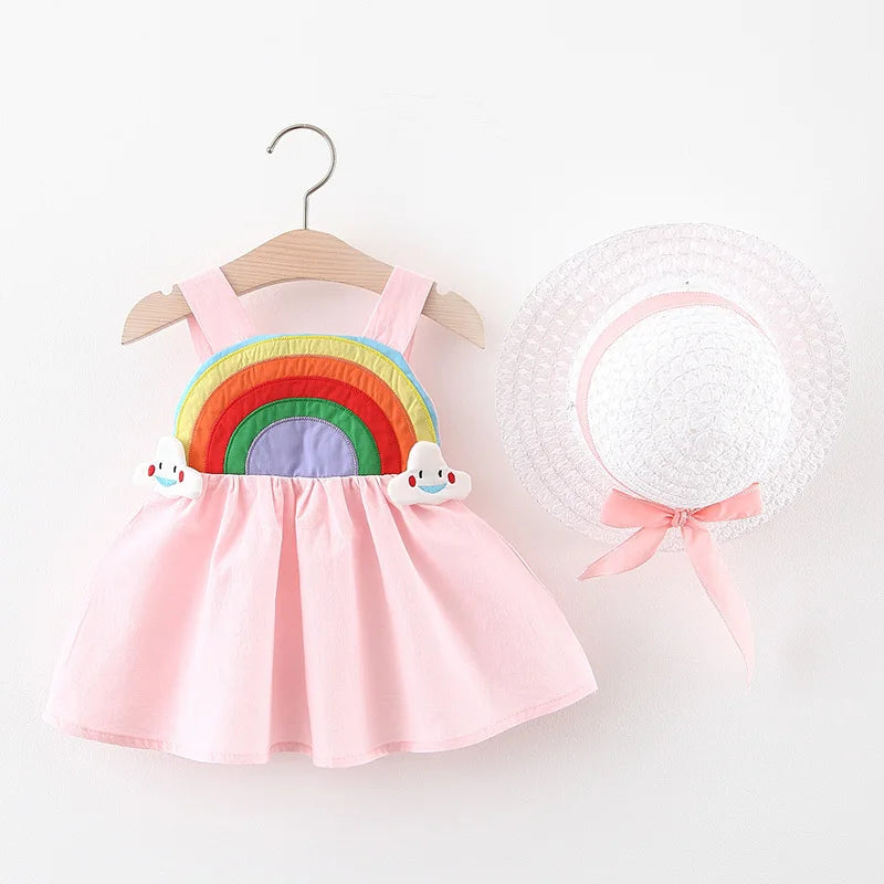 Baby and Toddler Summer Sleeveless Rainbow Dress with Straw Hat