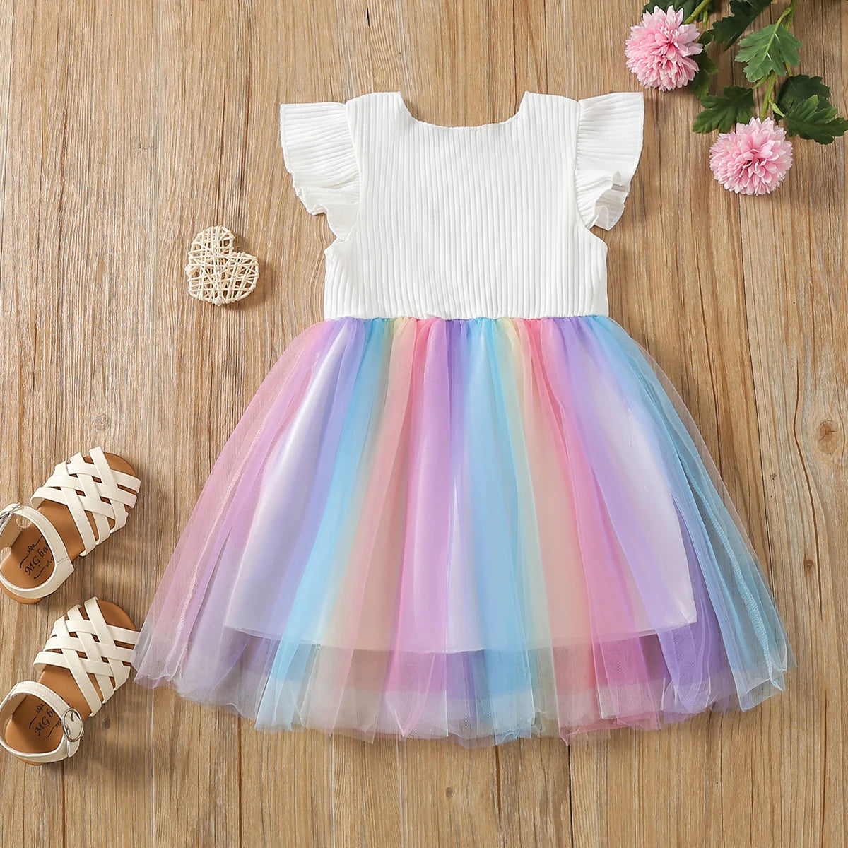 Girls Rainbow Embroidered Tutu Dress