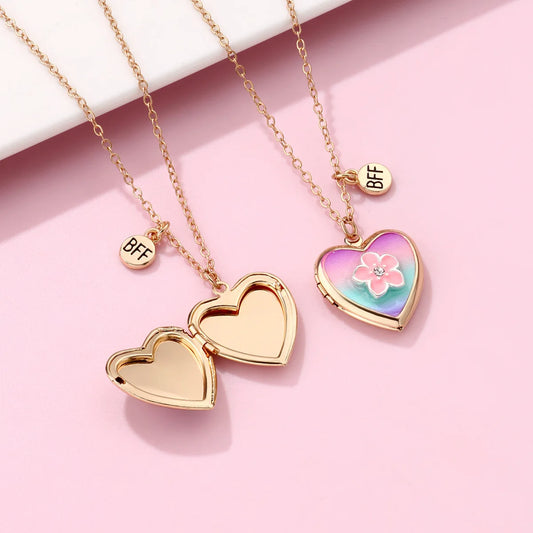 2pc Rainbow and Flower Heart Locket Necklace set