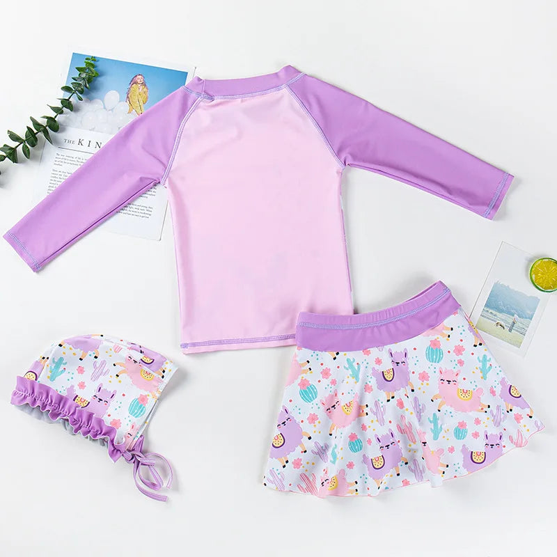 Girls Long Sleeve and Skirt Swimsuit with swim bonnet