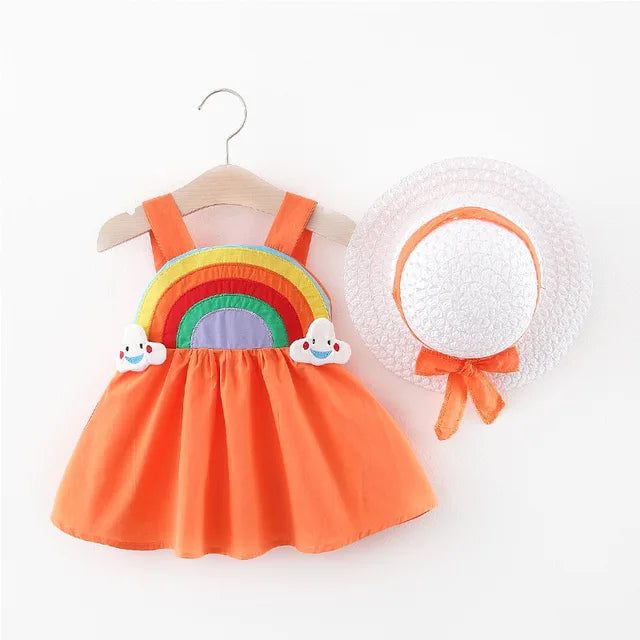 Baby and Toddler Summer Sleeveless Rainbow Dress with Straw Hat