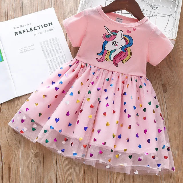 Navy and Pink Short Sleeve Unicorn Dress with Heart Tulle
