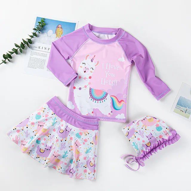 Girls Long Sleeve and Skirt Swimsuit with swim bonnet