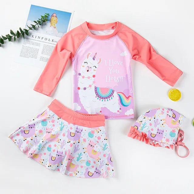 Girls Long Sleeve and Skirt Swimsuit with swim bonnet