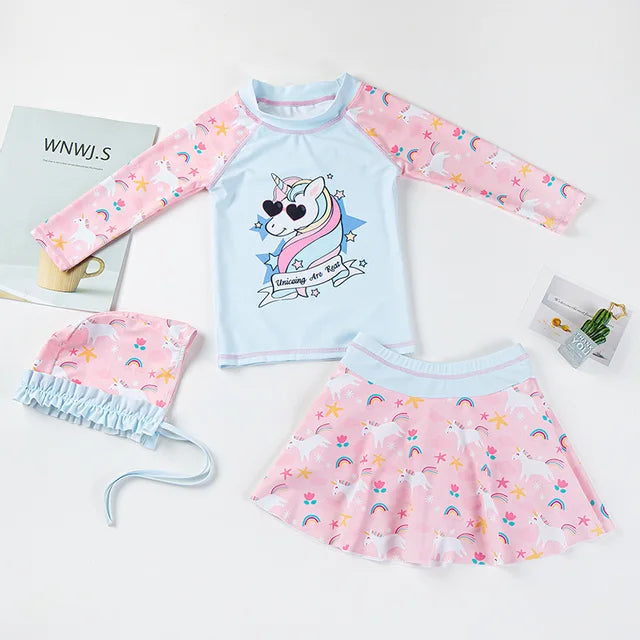 Girls Long Sleeve and Skirt Swimsuit with swim bonnet