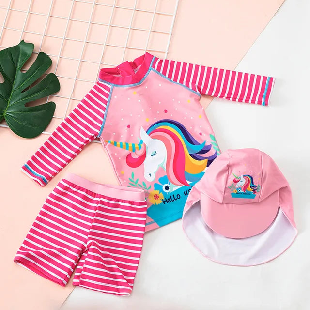 Girls Long Sleeve and Skirt Swimsuit with swim bonnet