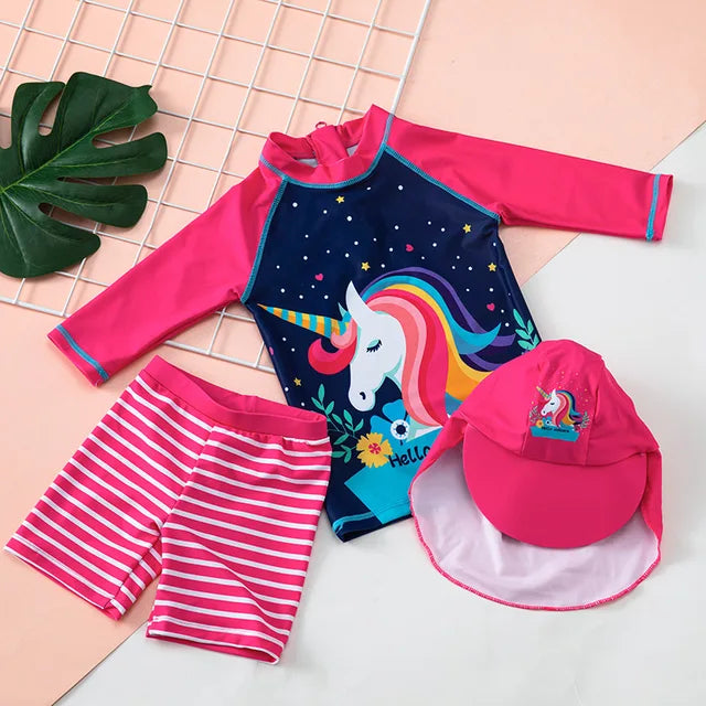Girls Long Sleeve and Skirt Swimsuit with swim bonnet