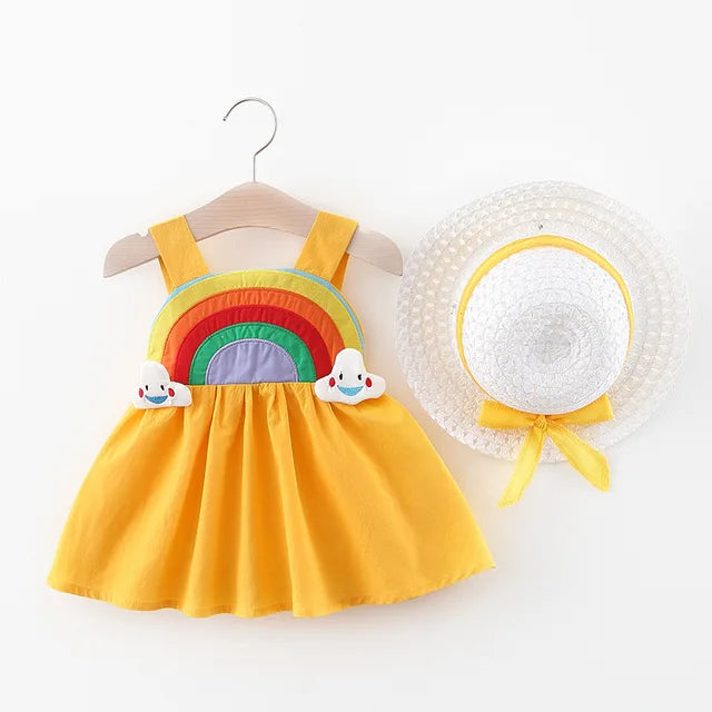 Baby and Toddler Summer Sleeveless Rainbow Dress with Straw Hat