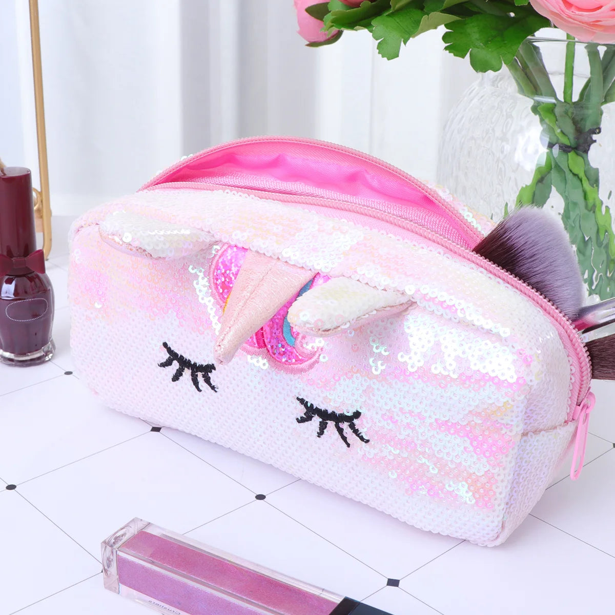 Unicorn Light Pink Sequin Pencil Bag