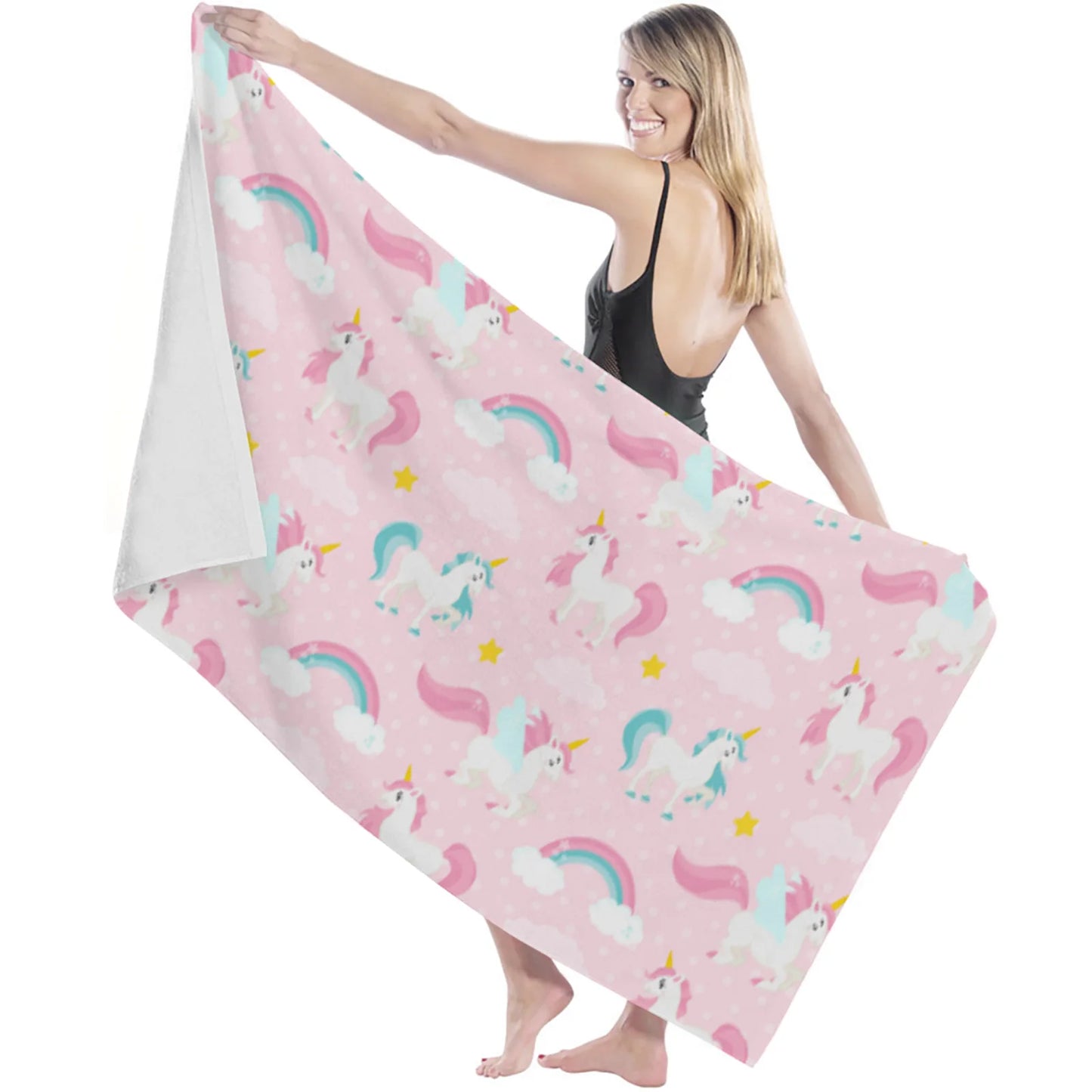Unicorns Pink Polka Dots Beach Towel