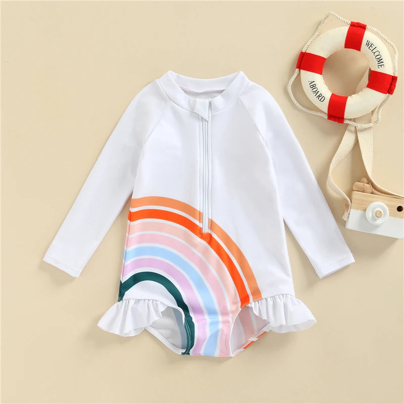 1-Piece Girls Rainbow Long Sleeve Ruffle Swimsuit