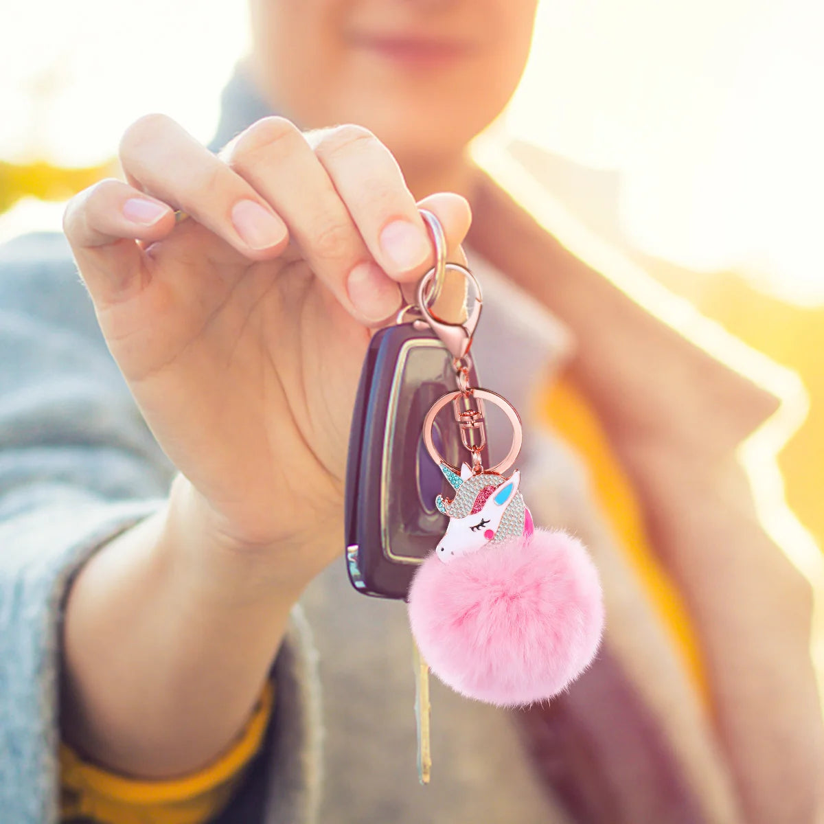Pink Puff Ball Keychain