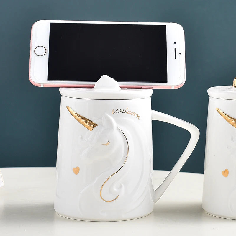 Gorgeous Relief Unicorn Coffee Mug with Phone Holder Lid