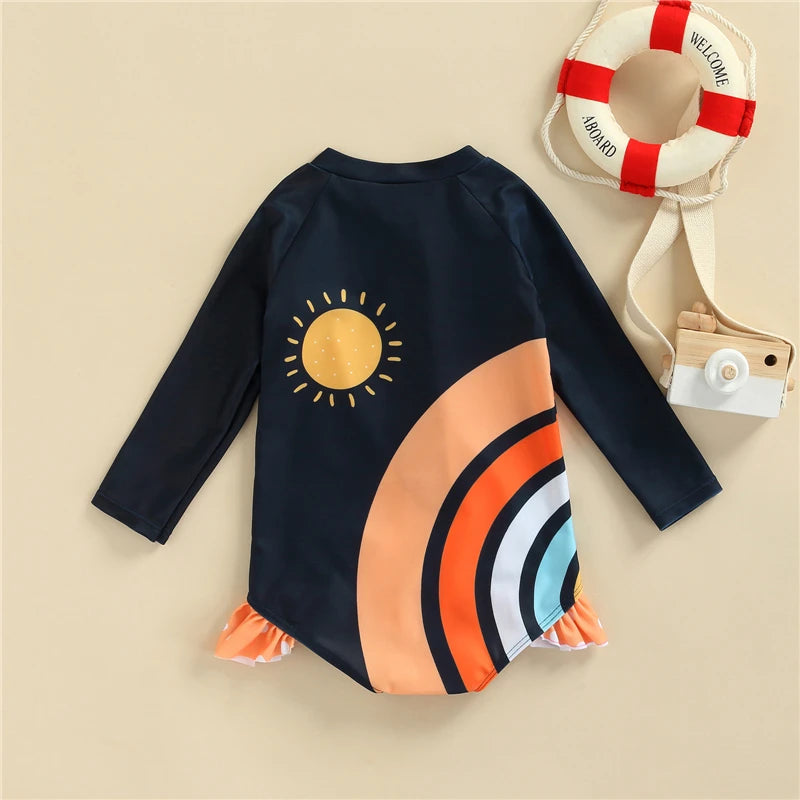 1-Piece Girls Rainbow Long Sleeve Ruffle Swimsuit