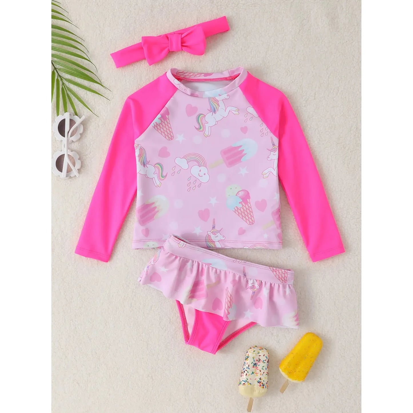 Girls Unicorn Hot Pink Long Sleeved Swimsuit