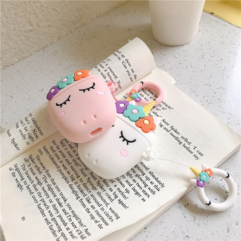 3D Floral Unicorn AirPods Silicone Case Cover with Stitch Ring