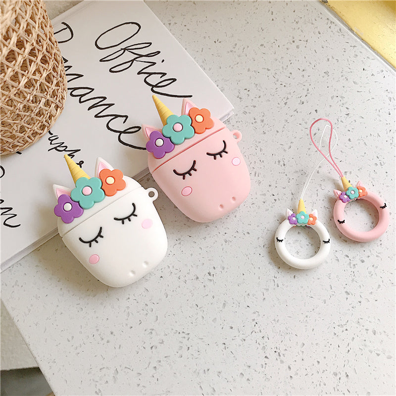 3D Floral Unicorn AirPods Silicone Case Cover with Stitch Ring