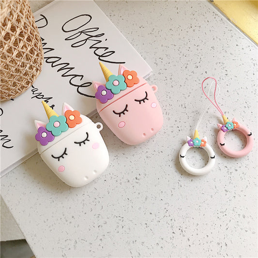 3D Floral Unicorn AirPods Silicone Case Cover with  Stitch Ring