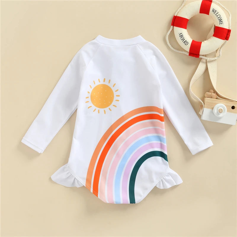 1-Piece Girls Rainbow Long Sleeve Ruffle Swimsuit