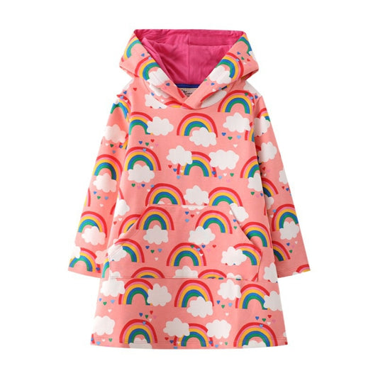 Pink Rainbow Print Cotton Hooded Dress