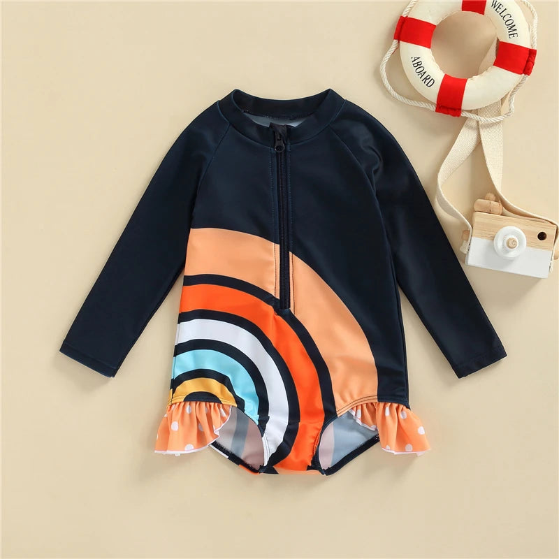1-Piece Girls Rainbow Long Sleeve Ruffle Swimsuit