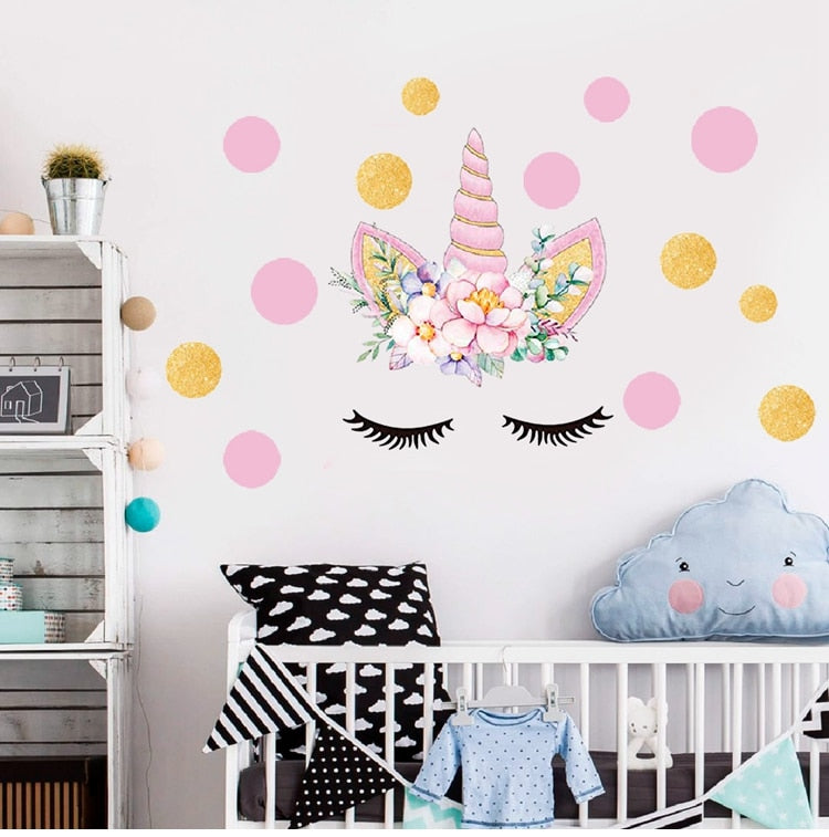 Flower Unicorn Wall Decal Sticker w/ Stars or Dots