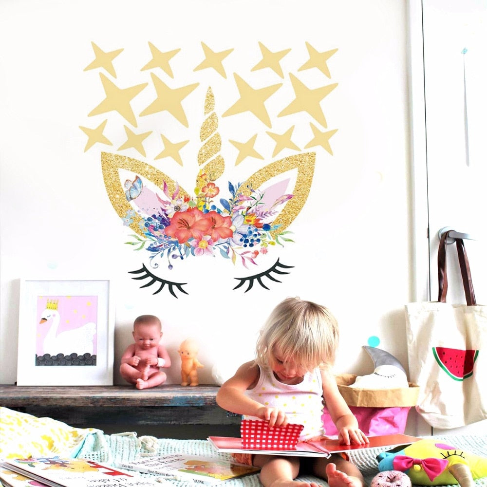 Flower Unicorn Wall Decal Sticker w/ Stars or Dots