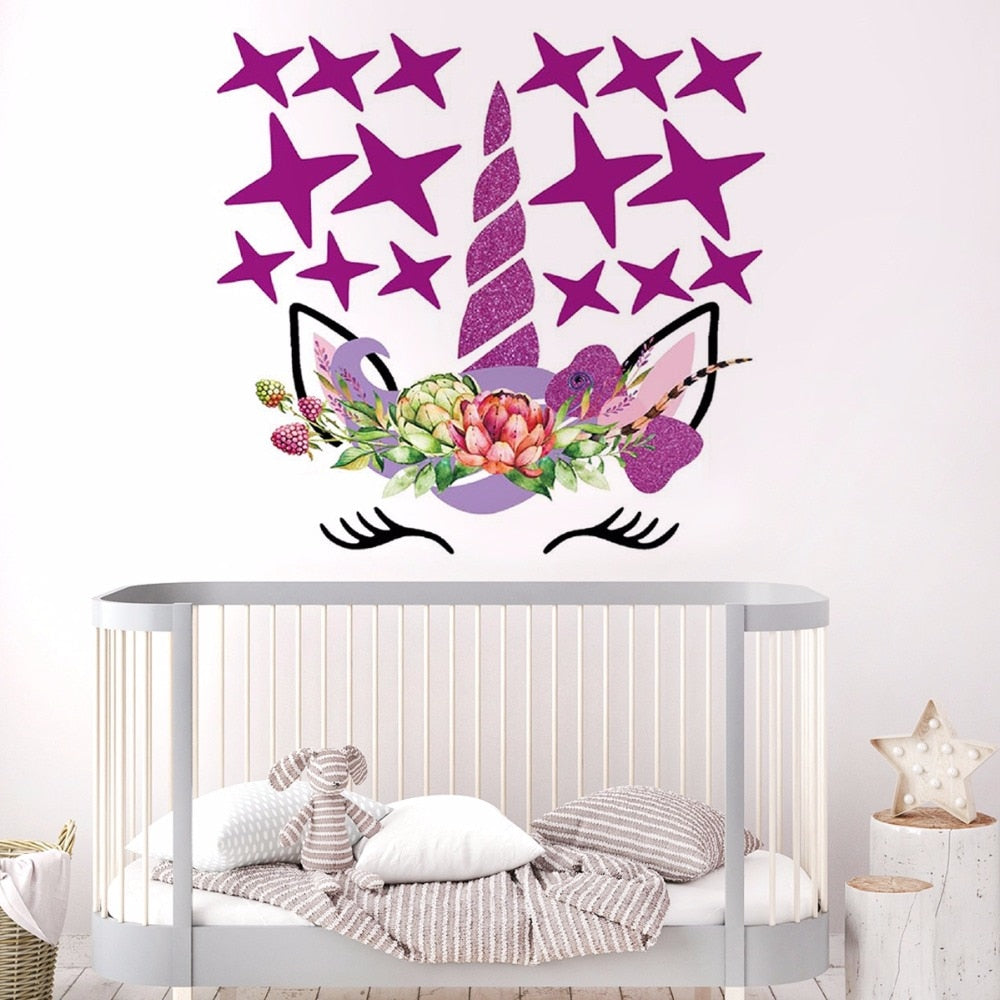 Flower Unicorn Wall Decal Sticker w/ Stars or Dots