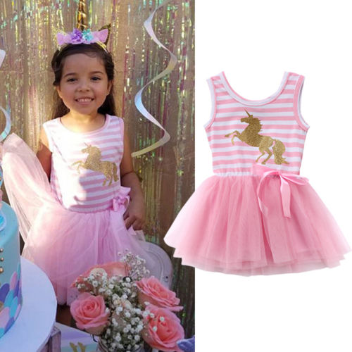 Girls Pink Striped Unicorn Dress