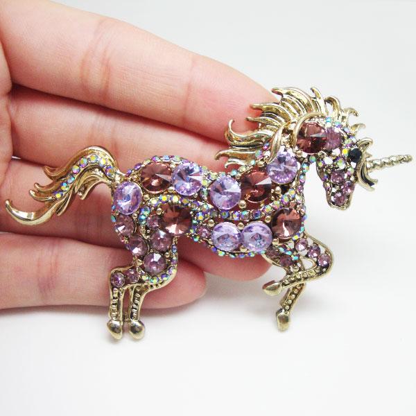 Gold-Purple Rhinestone Crystal Unicorn Brooch-100 Unicorns