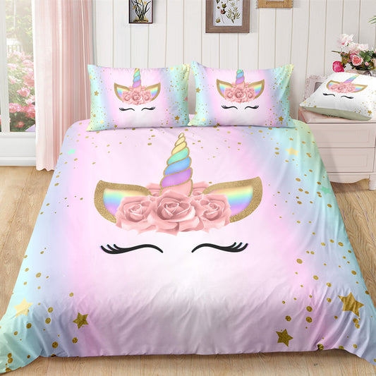 2/3-Piece Pink Rose Unicorn Duvet Bedding Set