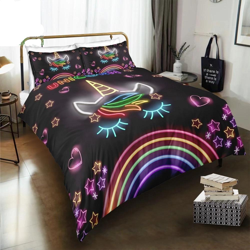 2/3-Piece Colorful Neon Rainbow Unicorn Duvet Cover Set