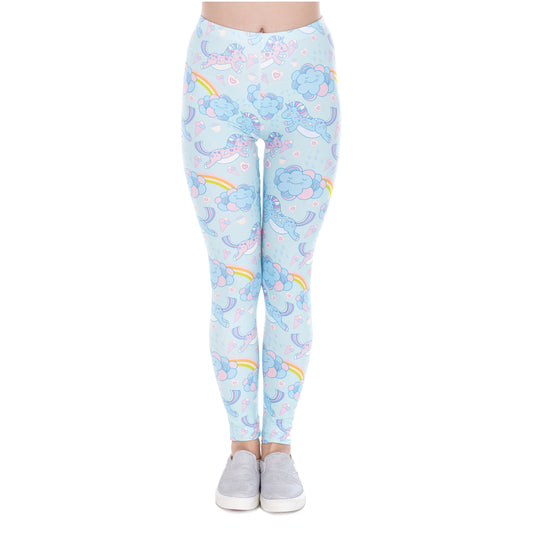 Women's Blue Cartoon Unicorn Clouds Leggings