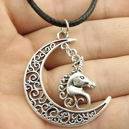 Crescent Moon Unicorn Leather Necklace