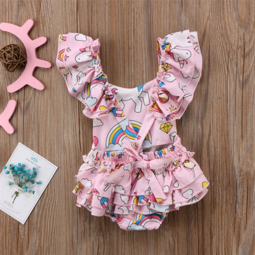 Back of Girls Ruffled Unicorn Romper