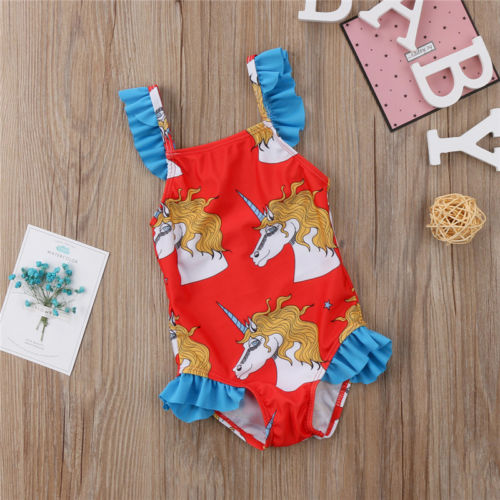 Girls Red Unicorn Swimsuit