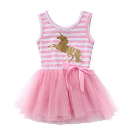 Girls Sleeveless Pink Striped Unicorn Tutu Dress