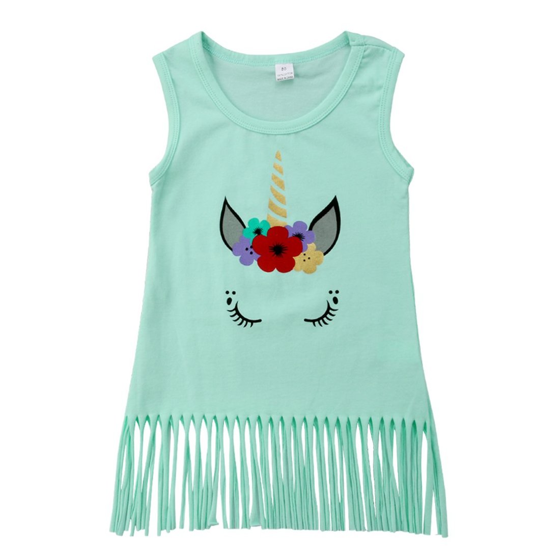 Girls Teal Green Tassel Unicorn Sun Dress