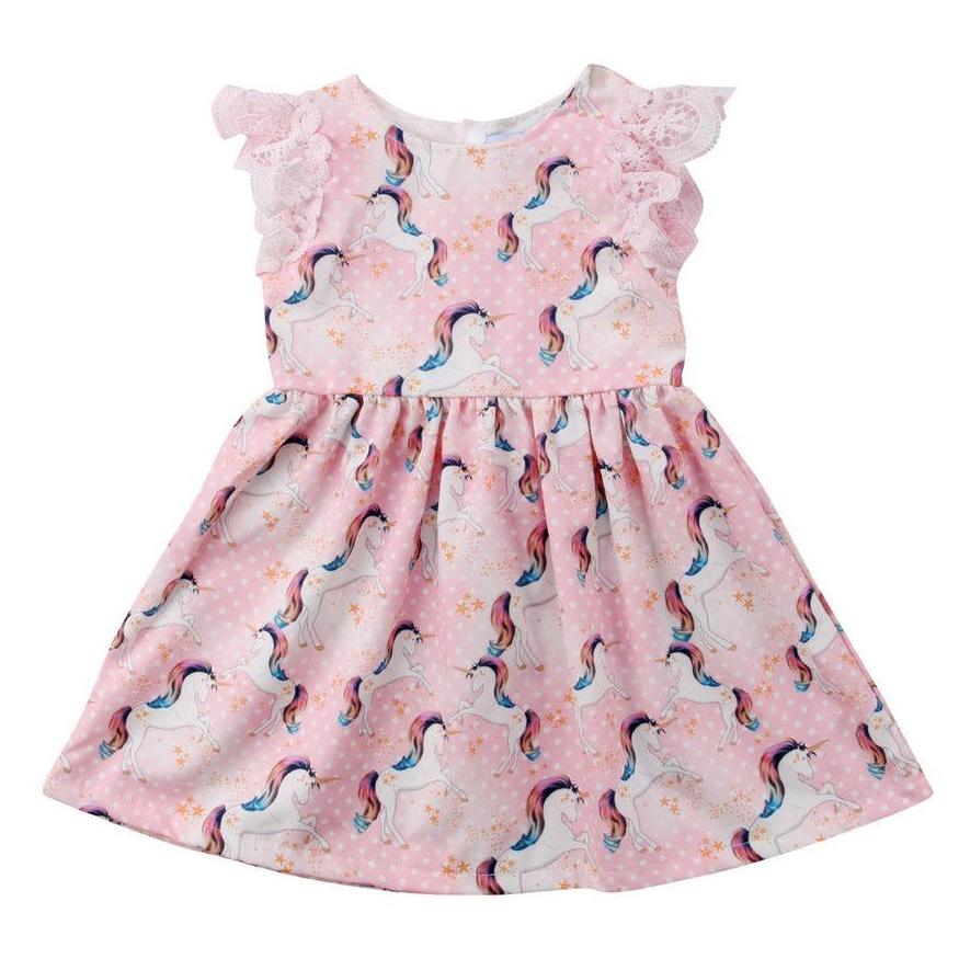 Girls Sleeveless Pink Unicorn Party Dress