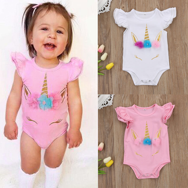 Girl's Short Sleeve Unicorn Crown Baby Onesie