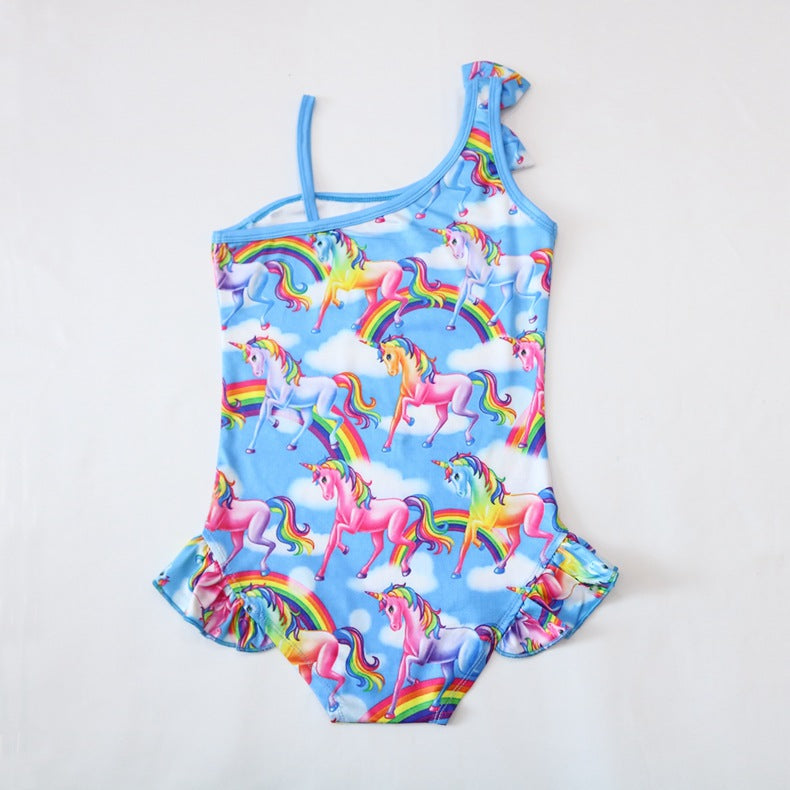 Back of Blue Swept Shoulder Unicorn Bathing Suit