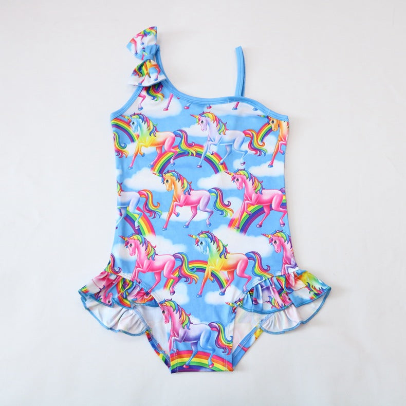 Blue Swept Shoulder Unicorn Swimsuit