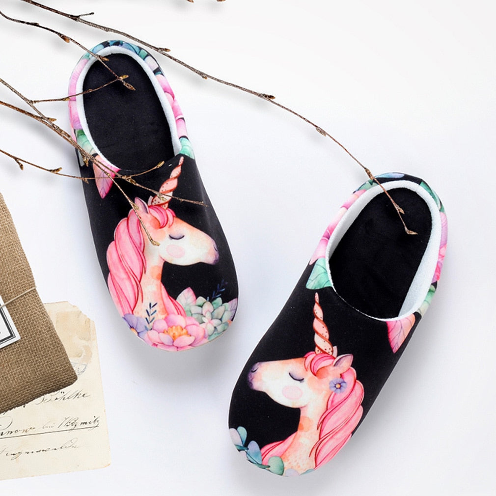 Black Floral Unicorn Slippers