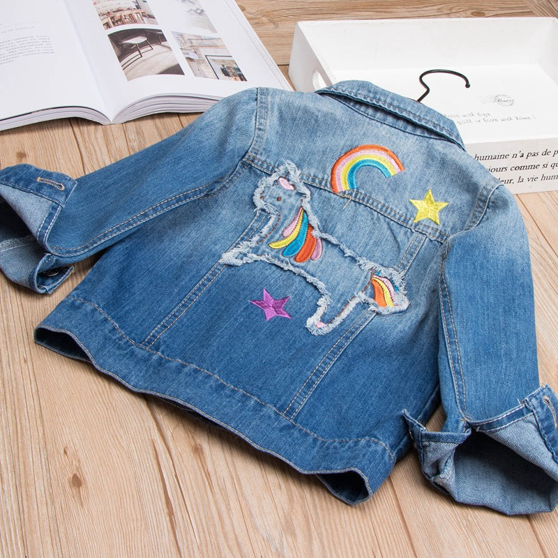 Front of Girls Denim Unicorn Jacket