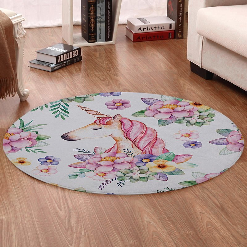 Round White Floral Unicorn Print Floor Mat Rug